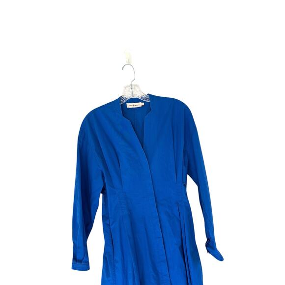 Tory Burch Blue Cotton Poplin V-Neck Pleated Long Sleeve Maxi Shirt Dress Size 6 - Picture 5 of 13